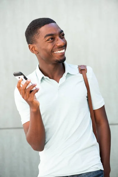 Portrait Happy Young Man Standing Mobile Phone — Zdjęcie stockowe