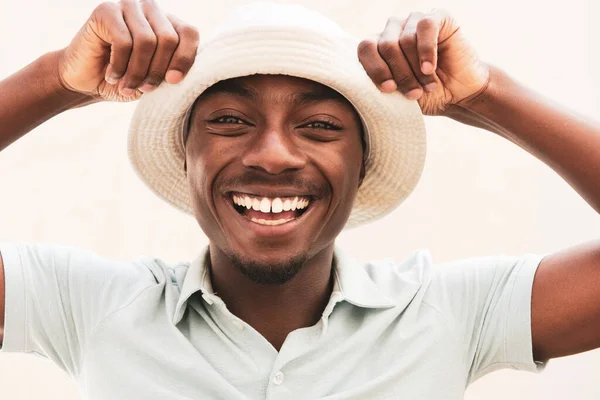 Close Portrait Handsome Young African American Man Laughing Hat — Fotografia de Stock