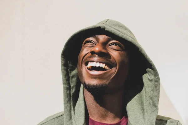 Close Portrait Laughing Young African American Man Hoodie Looking — Stockfoto