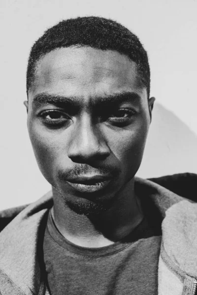Close Black White Portrait Serious Young African American Man — Fotografia de Stock