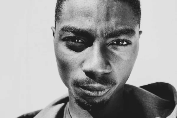 Close Black White Portrait Serious Young African American Man Staring — Fotografia de Stock