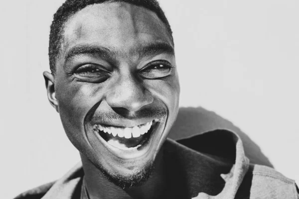 Close Black White Portrait Laughing Young African American Man — стоковое фото