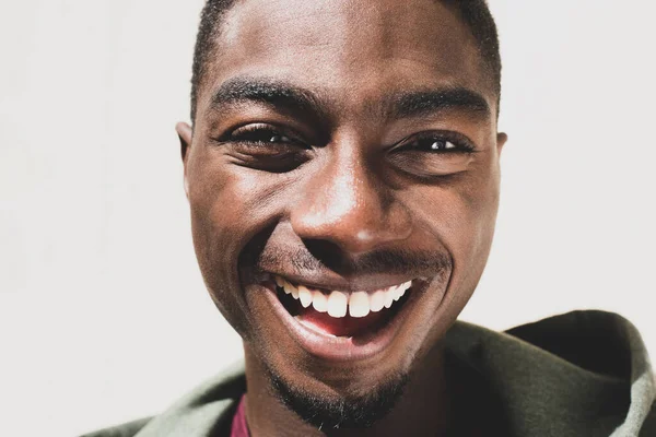 Close Portrait Laughing African American Man White Background — Fotografia de Stock