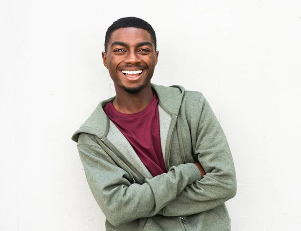 Portrait Handsome Young Black Man Smiling Arms Crossed White Background — 图库照片