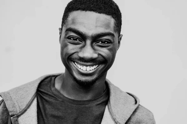 Close Black White Portrait Smiling Young African Man - Stock-foto