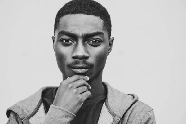 Close Black White Portrait Young African American Man Thinking Expression — Stockfoto