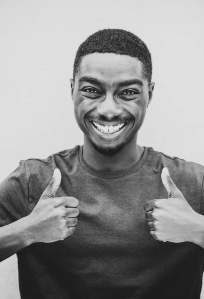 Close Black White Portrait Handsome Young Black Man Smiling Thumbs — Fotografia de Stock