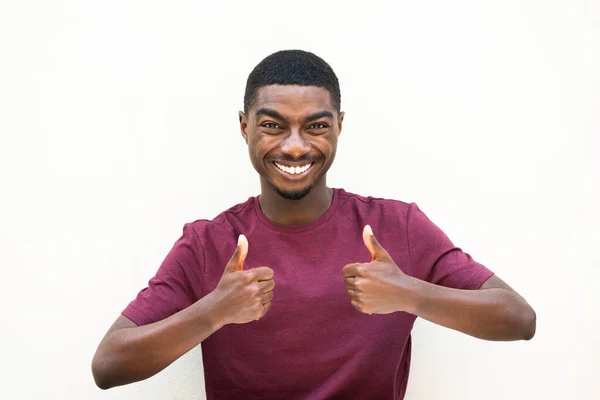 Portrait Smiling Black Man Thumbs Hand Sign Isolated White Backgorund — 图库照片