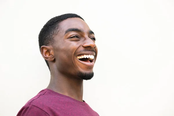 Close Side Portrait Laughing Young Black Man White Background — Stockfoto