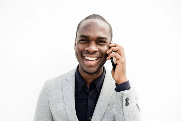 Close Retrato Sorridente Homem Negócios Afro Americano Falando Com Celular — Fotografia de Stock