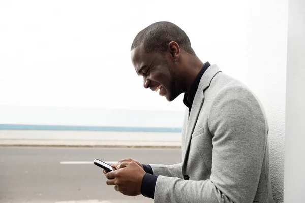Profile Portrait Happy African American Businessman Leaning Wall Looking Cellphone — Stock Photo, Image