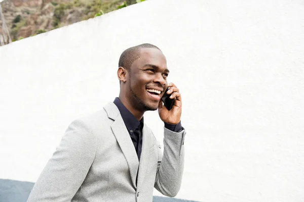 Side Portrait Happy African American Businessman Talking Cellphone — Stock Photo, Image