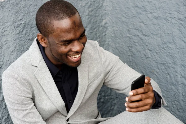 Close Portrait Handsome African American Man Smiling Cellphone — Stock Photo, Image