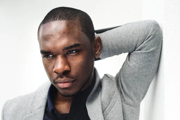 Close Portrait Handsome African American Man Leaning Wall Hand Head — Stock Photo, Image