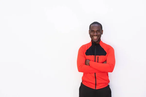 Portret Lachende Afro Amerikaanse Sportman Met Armen Gekruist Door Witte — Stockfoto