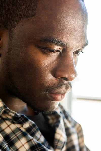 Close Side Portrait African American Man Staring — Stock Photo, Image