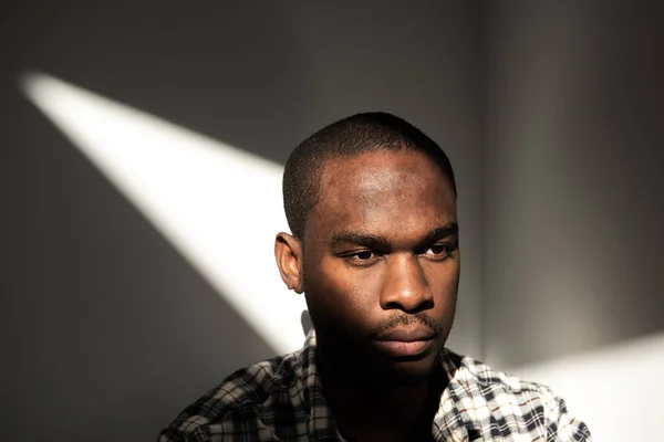 Close Portrait African American Male Sitting Light Face — Stock Photo, Image