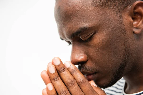 Close Side Face Portrait African American Man Praying Hands Clasp — Stock Photo, Image