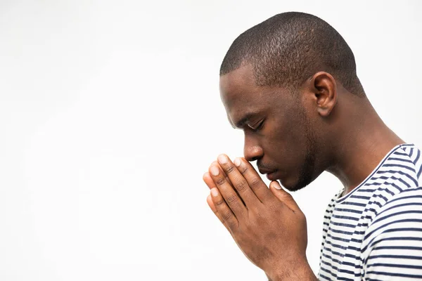Close Side Portrait African American Man Praying Hands Clasp — Stock Photo, Image