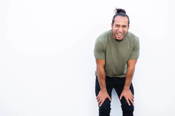 Cheerful Man Pulled Hair Bun Bending Laughing White Background — Stock Photo, Image