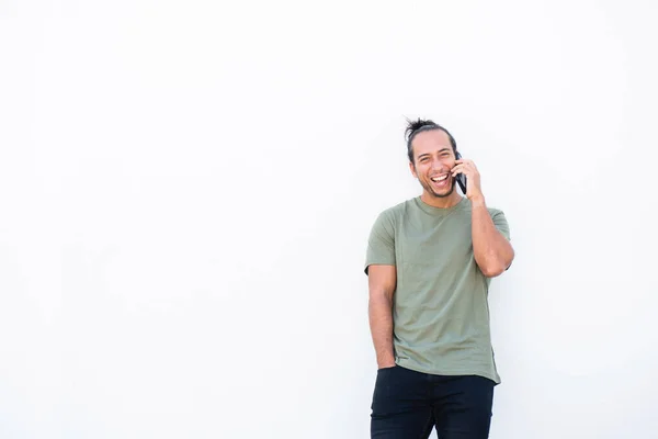 Happy Man Pulled Hair Bun Talking Mobile Phone White Background — ストック写真