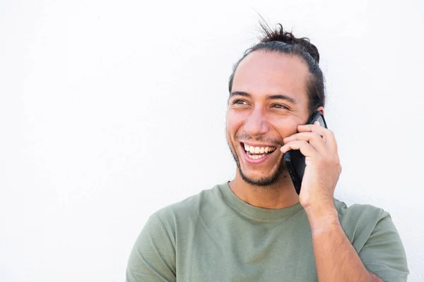 Happy Man Pulled Hair Bun Talking Mobile Phone White Background — Stock Photo, Image