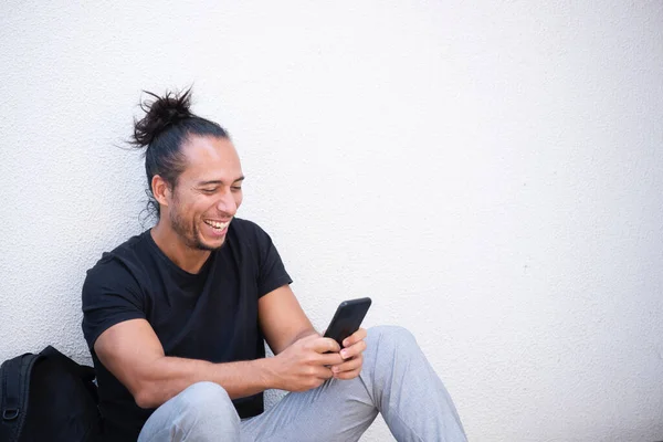 Joyful Man Text Messaging Using Mobile Phone Outdoors City — Stock Photo, Image
