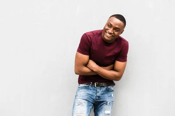 Portrait Handsome Young African American Man Leaning Gray Wall Arms — Stock Photo, Image