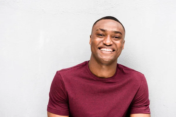 Close Portrait Happy Young African American Man Smiling Gray Wall — Stock Photo, Image