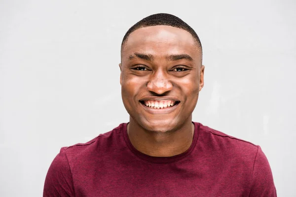 Close Front Portrait Smiling Young African American Man Gray Background — Stock Photo, Image