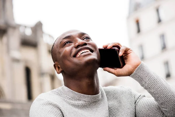 Close Portrait Smiling African American Man Talking Mobile Phone City — Stock Photo, Image