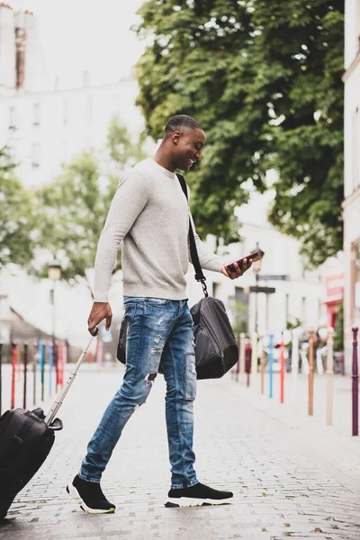 Full Length Side Portrait Happy African American Male Traveler Walking — Stock Photo, Image