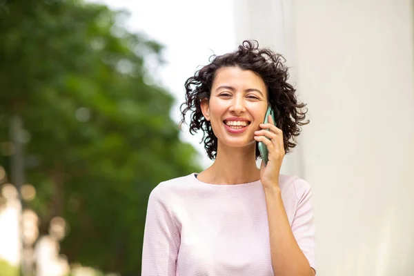 Portrait Joyful Young Woman Talking Mobile Phone Outdoors — Stok Foto