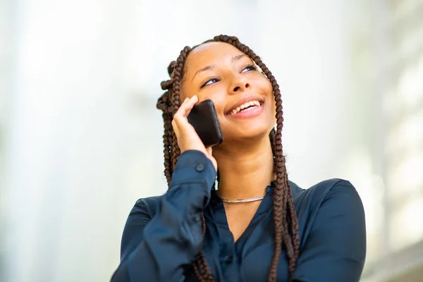 Close Portrait Pretty Young African American Woman Braided Hairstyle Talking — Stock Photo, Image