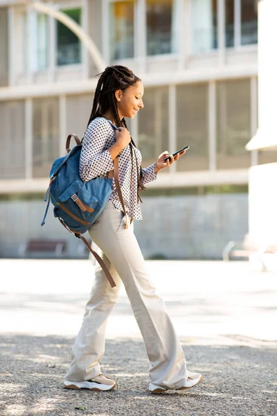 Full Length Side Portrait Young African American Woman Student Walking — Stock Photo, Image