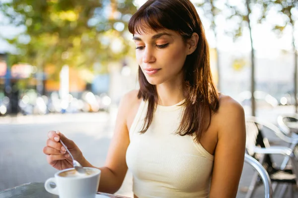 Close Portrait Beautiful Young Woman Sitting Sidewalk Cafe Cup Coffee — Stock Photo, Image