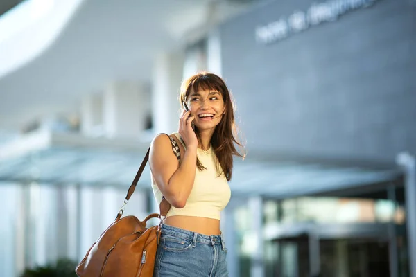 Portrait Beautiful Young Woman Walking Handbag Talking Cellphone City — Stock Photo, Image