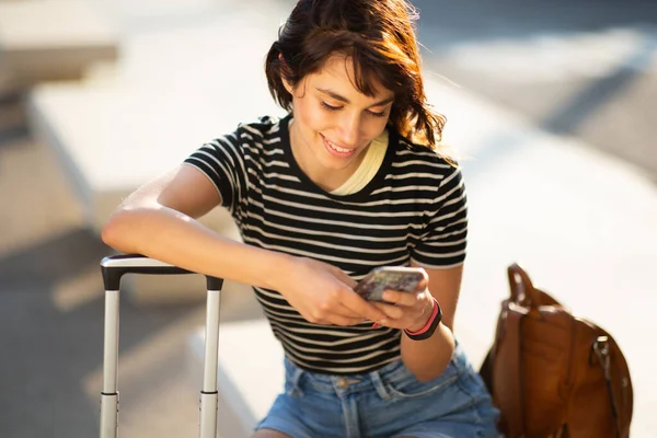 Close Portrait Beautiful Young Woman Sitting Bench Suitcase Looking Mobile — Stock Photo, Image