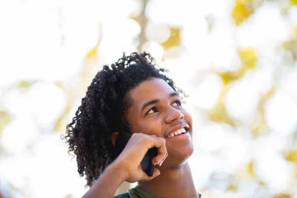 Sorrindo Homem Olhando Para Cima Enquanto Fala Telefone Celular Livre — Fotografia de Stock