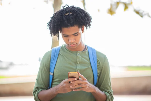 Uomo Afroamericano Messaggistica Testo Utilizzando Smart Phone All Aperto — Foto Stock