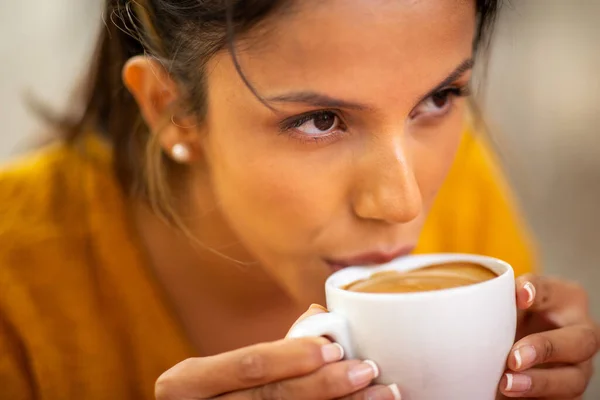 Close Portrait Young Woman Drinking Hot Cup Coffee — Stock Photo, Image