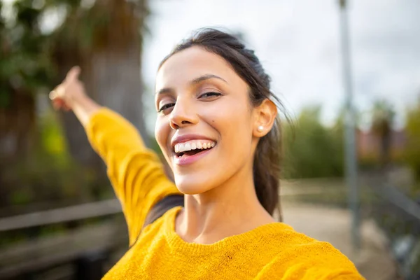 Close Happy Woman Taking Selfie Portrait Pointing Finger — Stock Photo, Image