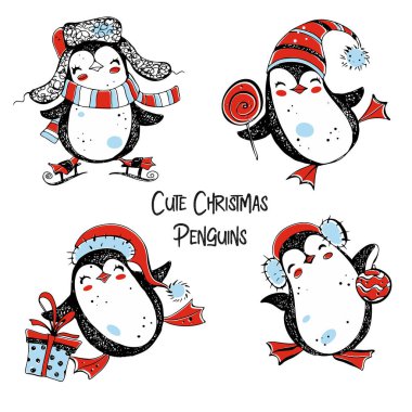 Sevimli Noel penguenleri. Dördüncü set. Grafik Karalama Vektörü