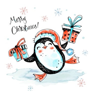 İçinde hediyelerle dans eden neşeli bir penguen olan bir Noel kartı. Suluboya, grafikler. Vektör
