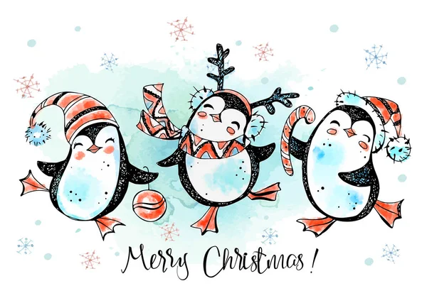 Merry Christmas Penguins Dancing New Year Card Watercolor Graphics Vector — Stock Vector