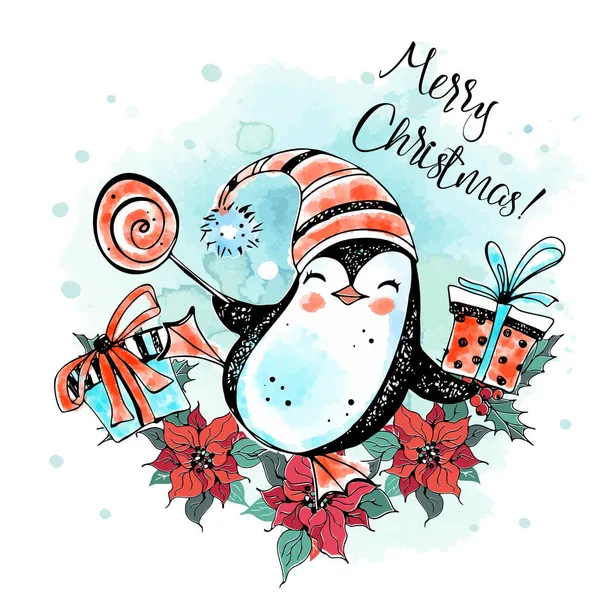 Merry Christmas Penguin Hat Christmas Card Watercolor Graphics Vector — Stock Vector