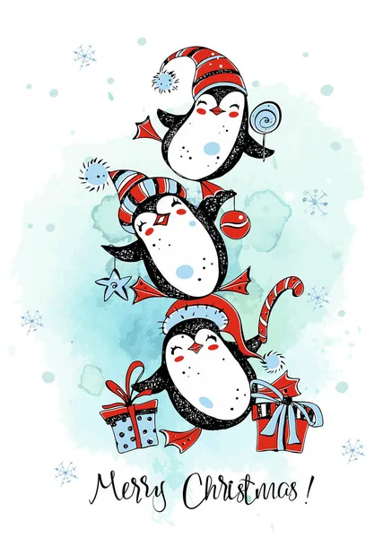 Feliz Navidad Pingüinos Están Bailando Tarjeta Año Nuevo Gráficos Acuarela — Vector de stock