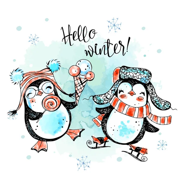Ciao Inverno Divertenti Pinguini Capodanno Cappelli Carta Capodanno Grafica Acquerello — Vettoriale Stock