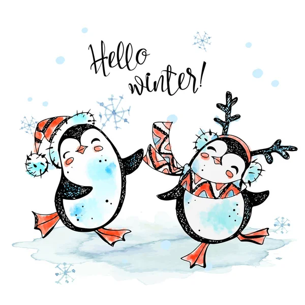 Ciao Inverno Buon Natale Pinguini Cappelli Ballare Carta Capodanno Grafica — Vettoriale Stock