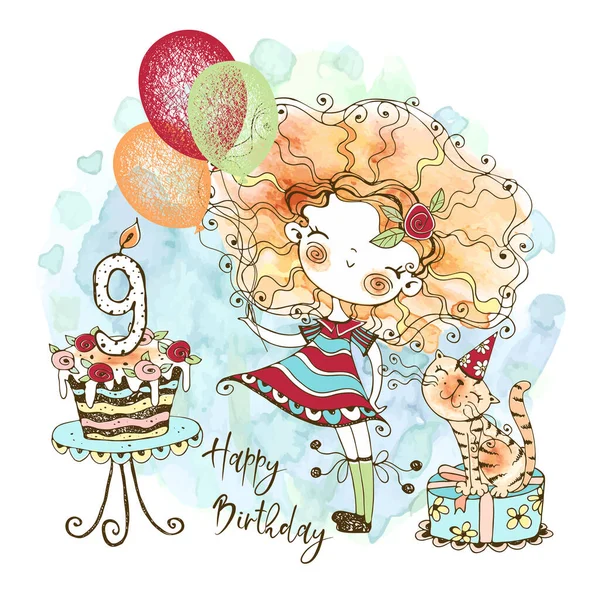 Jahre Alt Geburtstagskarte Mit Einem Netten Rothaarigen Mädchen Mit Luftballons — Stockvektor